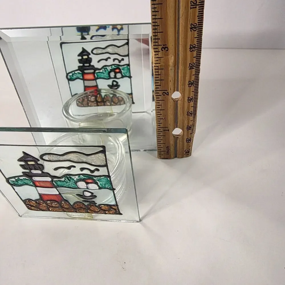 Lighthouse Stained Glass Votive Tea Light Candle Holder Mirror Nautical Decor
